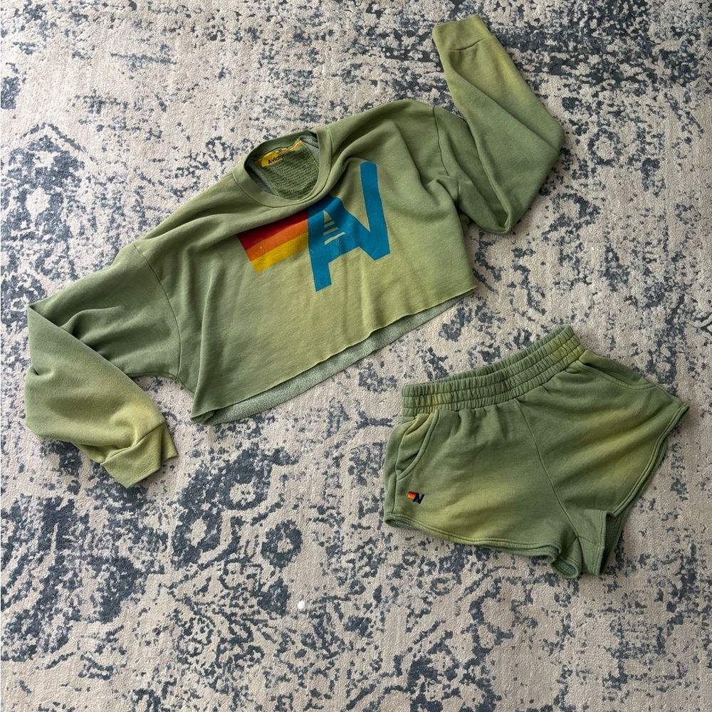 Aviator Nation Green Cropped Top with Rainbow Logo